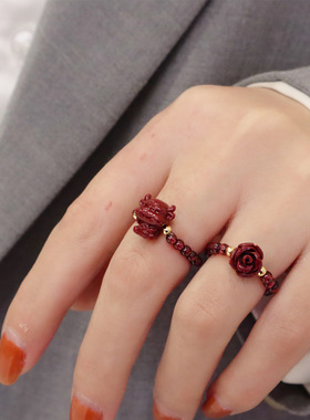 天然石榴石紫金砂朱砂女花朵戒指