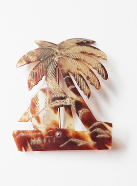 古董vintage首饰老货 艺术家手工雕刻天然有机材质椰子树草屋胸针