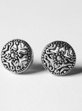 yses12耳钉925纯银简约宫廷复古镂空十字花纹圆形泰银做旧黑 古典