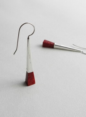 S1 925纯银红色天然珊瑚长款三角方耳环极简约设计欧美夸张本命年