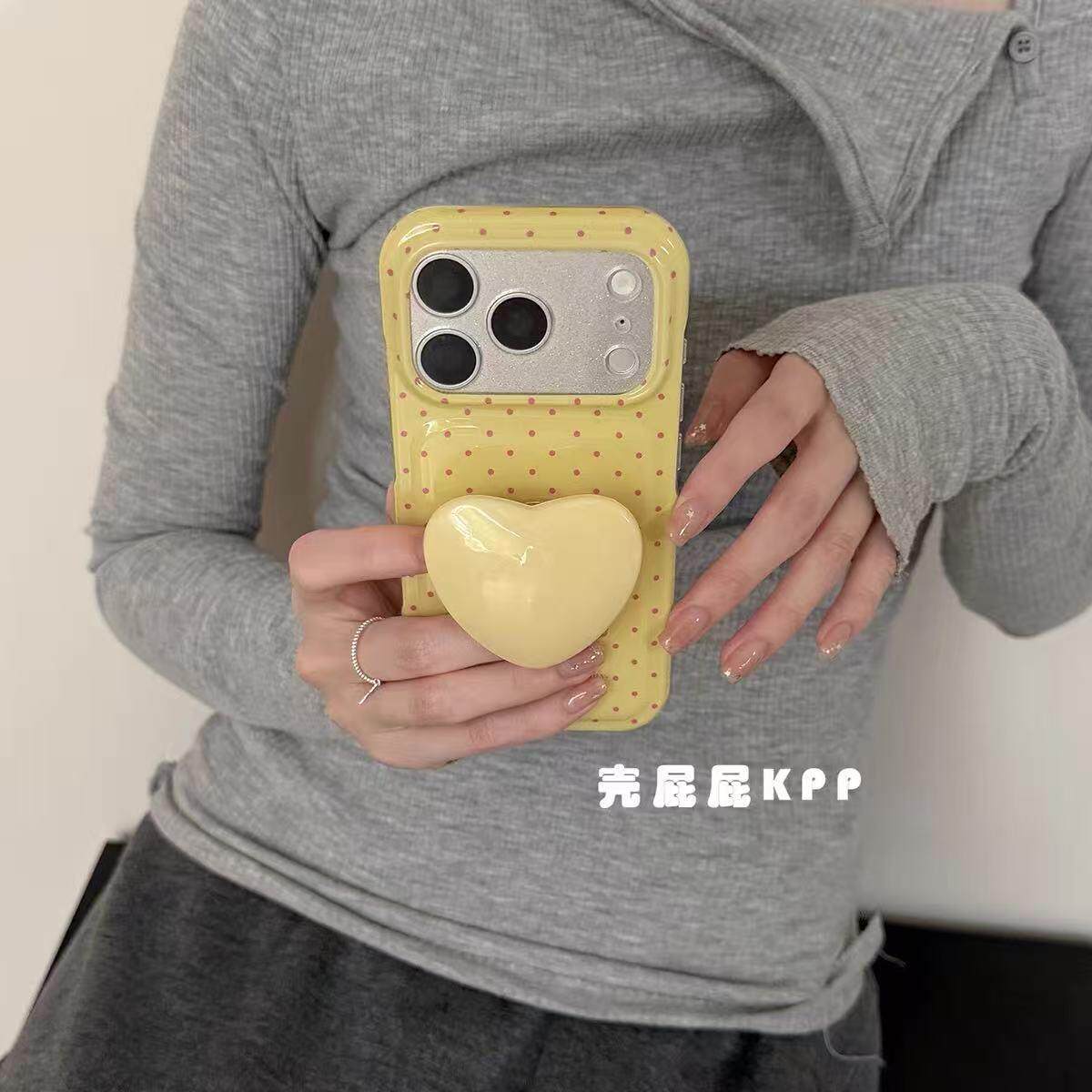 奶油蓝白波点爱心支架ins15适用17pro苹果17ProMax手机壳iPhone16Promax全包17新款保护套15pro软