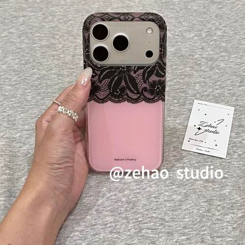 ins韩系时髦少女蕾丝拼接适用苹果17Promax手机壳iphone16pro新款17小众15pro高级感15pm创意16磨砂17pro全包