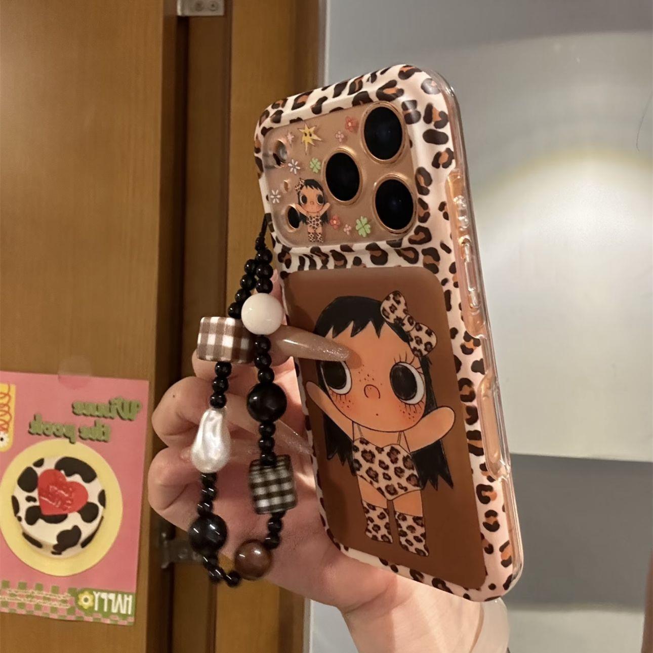 ins少女酷辣豹纹女孩适用于苹果17promax手机壳iphone16新款15高级感17pro全包硅胶防摔保护壳带链条挂绳女软