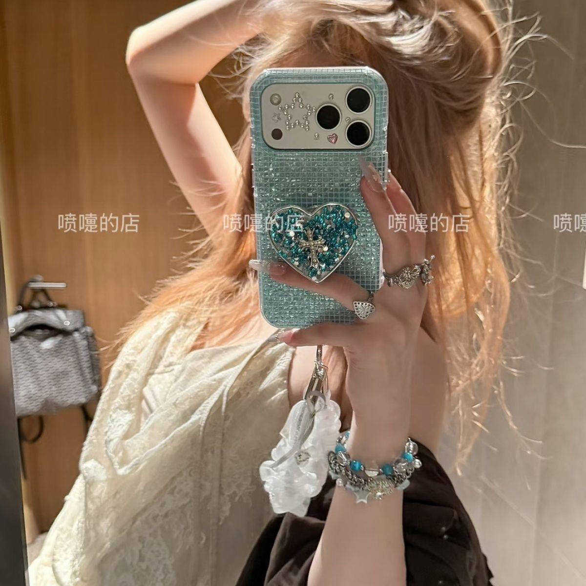 韩系ins蓝色格纹爱心十字架适用于iphone17promax手机壳苹果16保护套闪钻支架17pm新款15pro高级感max手机套