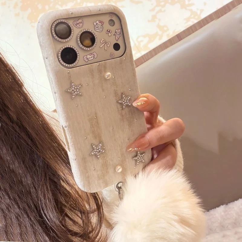 立体珍珠闪钻星星适用iphone17promax手机壳苹果16pro新款带毛球水钻挂绳15绒布14轻奢ins网红女13保护套高级