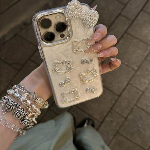 高级感ins少女心闪钻Kitty猫蝴蝶结适用苹果16po/15手机壳iphone13新款11滴胶12小众14promax全包防摔保护套