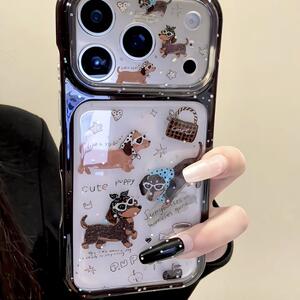 卡通可爱透底亮片英文墨镜腊肠狗佐黎适用iPhone17promax手机壳苹果16新款15Pro女16pm创意17趣味Pro全包防摔