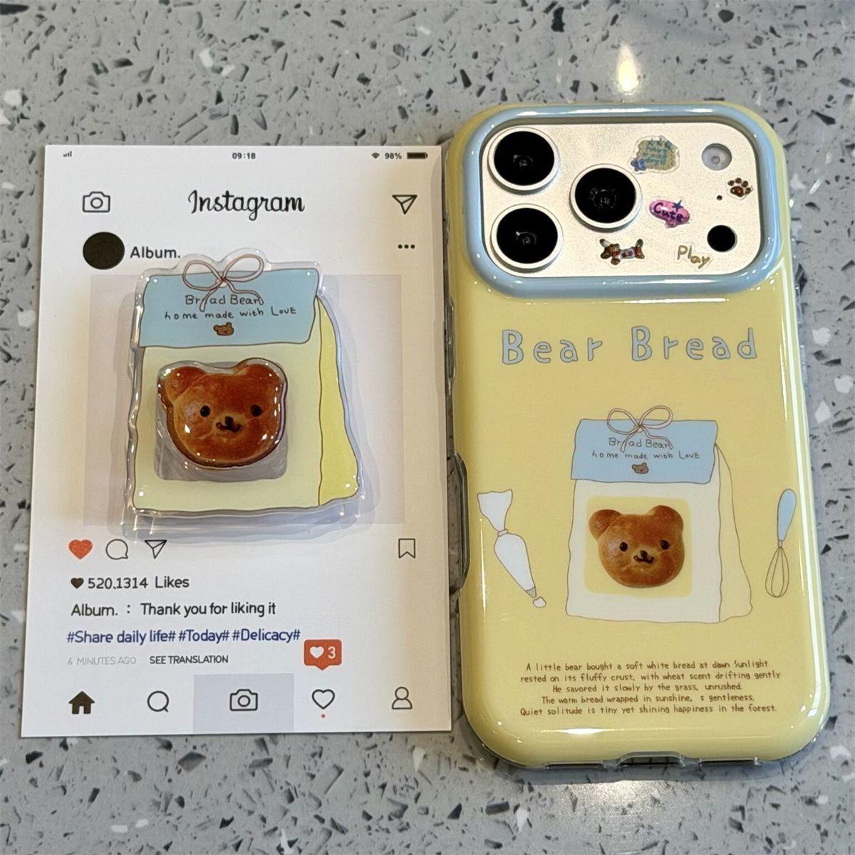 黄底袋子面包熊可爱黄底焦糖小熊裱花袋吐司袋适用于iphone17promax苹果手机壳16promax少女15promax简约支架