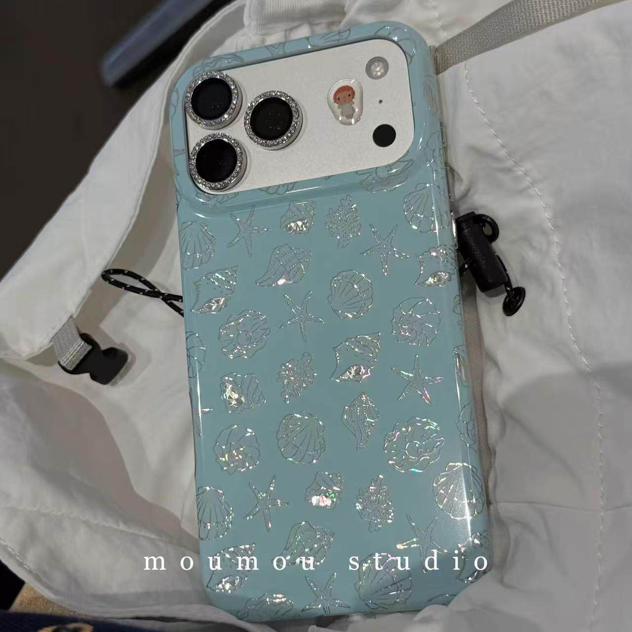 蓝底满屏镭射贝壳ins15适用17pro苹果17ProMax手机壳iPhone16Promax全包17新款保护套15promax软手提简约15
