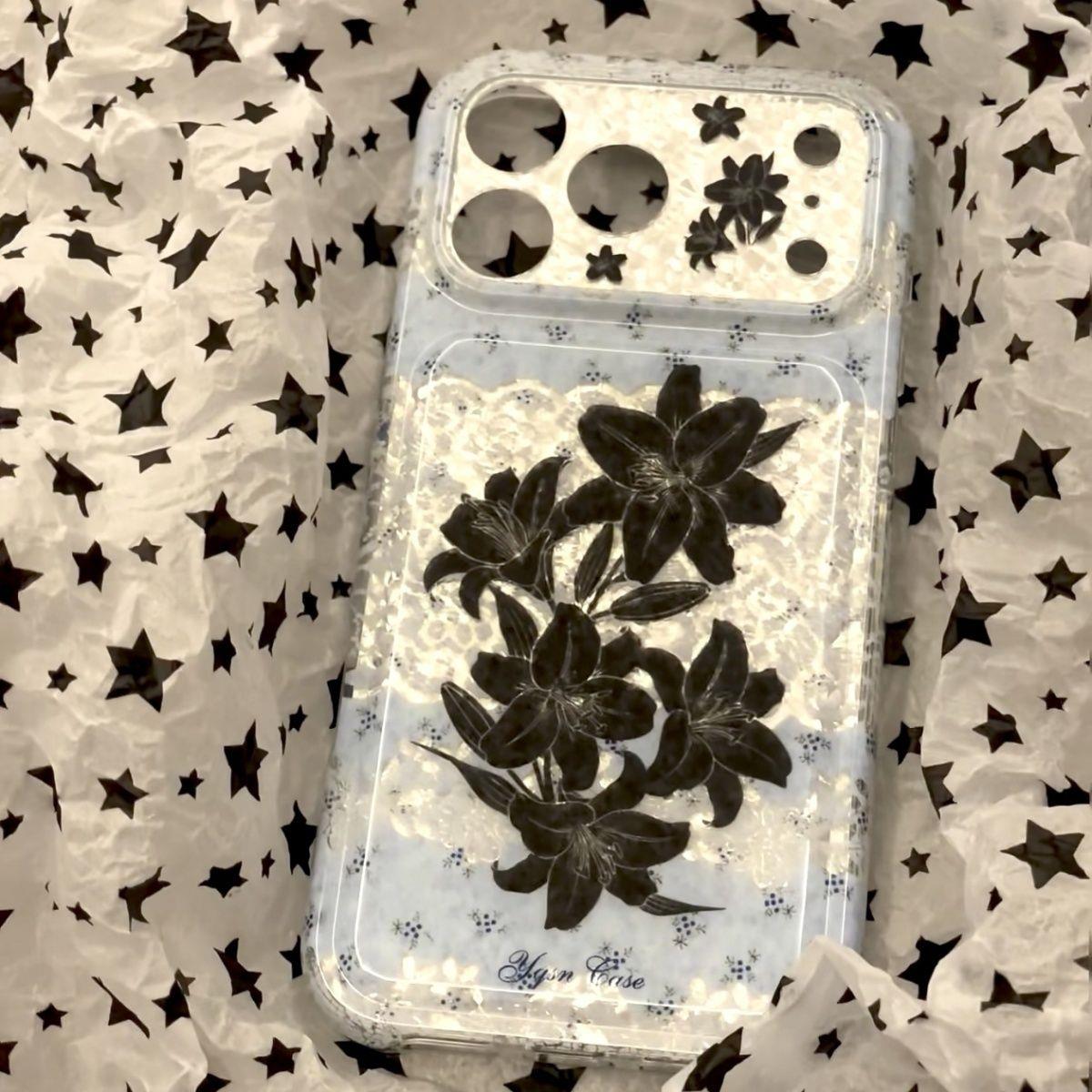 ins风闪钻碎花拼蓝暗夜百合花适用18ProMax手机壳苹果iphone手机壳17pro少女心手机壳16pro双层imd