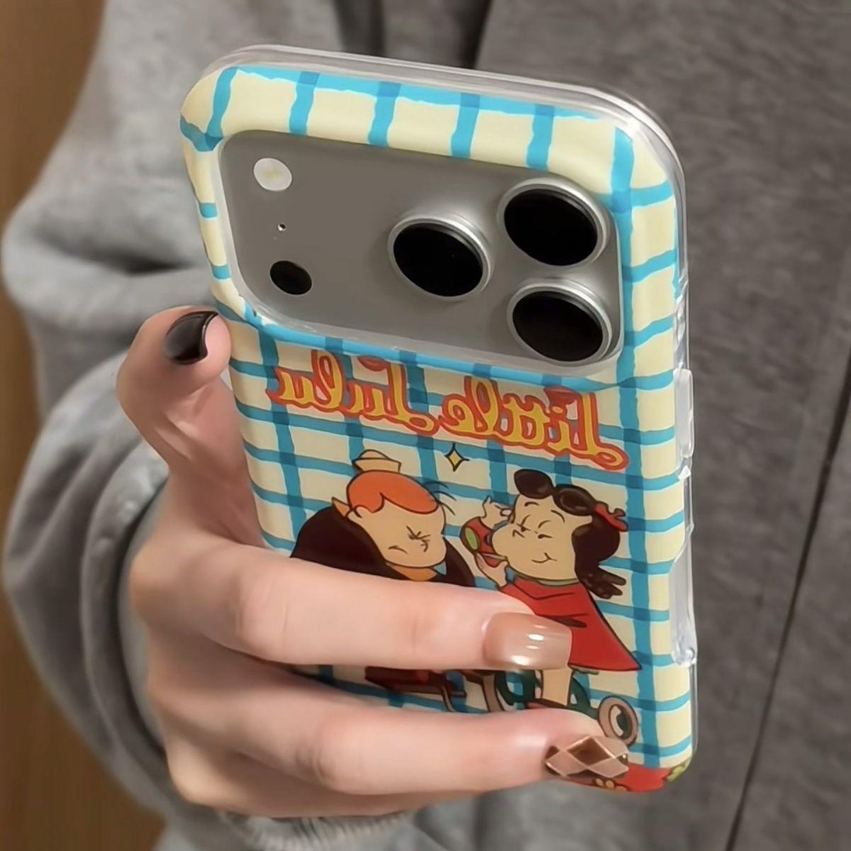 蓝白格子纹卡通动漫骑单车露露女孩适用于iphone17promax苹果17手机壳15新款16pro女17pm双层硅胶创意防摔套