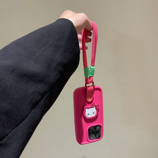 ins玫红猫咪支架适用苹果15promax手机壳iPhone14斜挎13挂绳12手腕带11背带13pro挂链xs手绳xr女14promax新款
