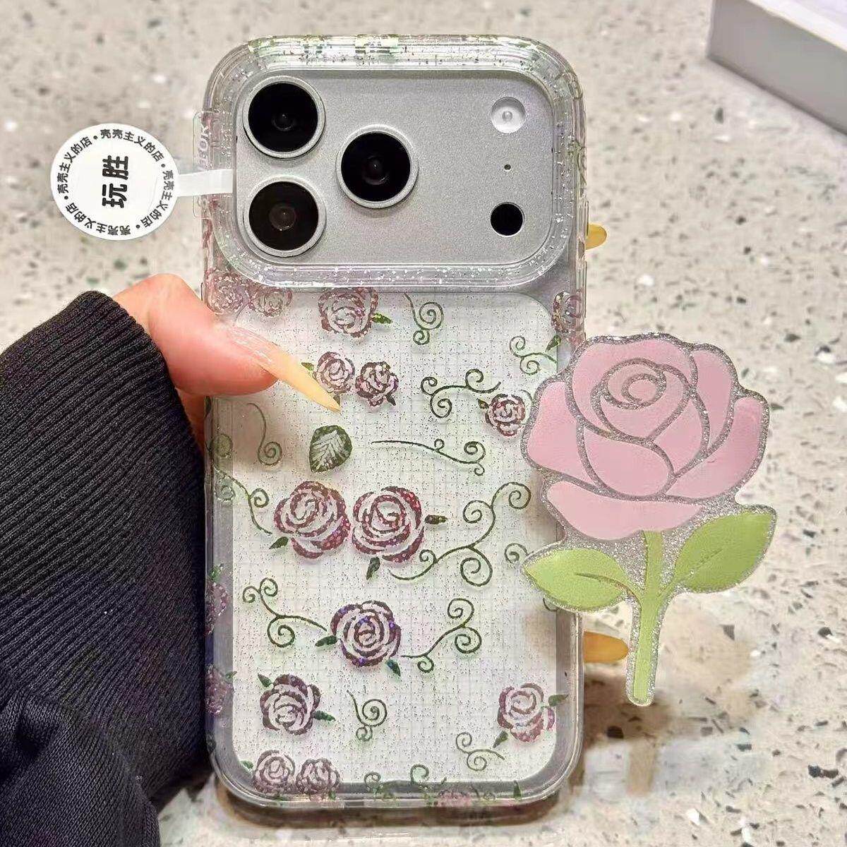 韩系ins闪粉创意玫瑰花支架适用苹果17promax手机壳iphone16新款15pro小众15少女心17Pro简约16pm防摔保护套