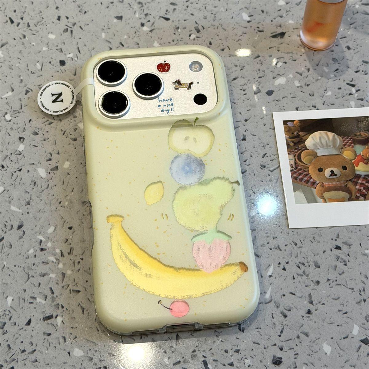 治愈浅黄底镂空彩色水果叠叠乐适用于iphone17promax苹果手机壳16唯美小清新创意防摔保护壳