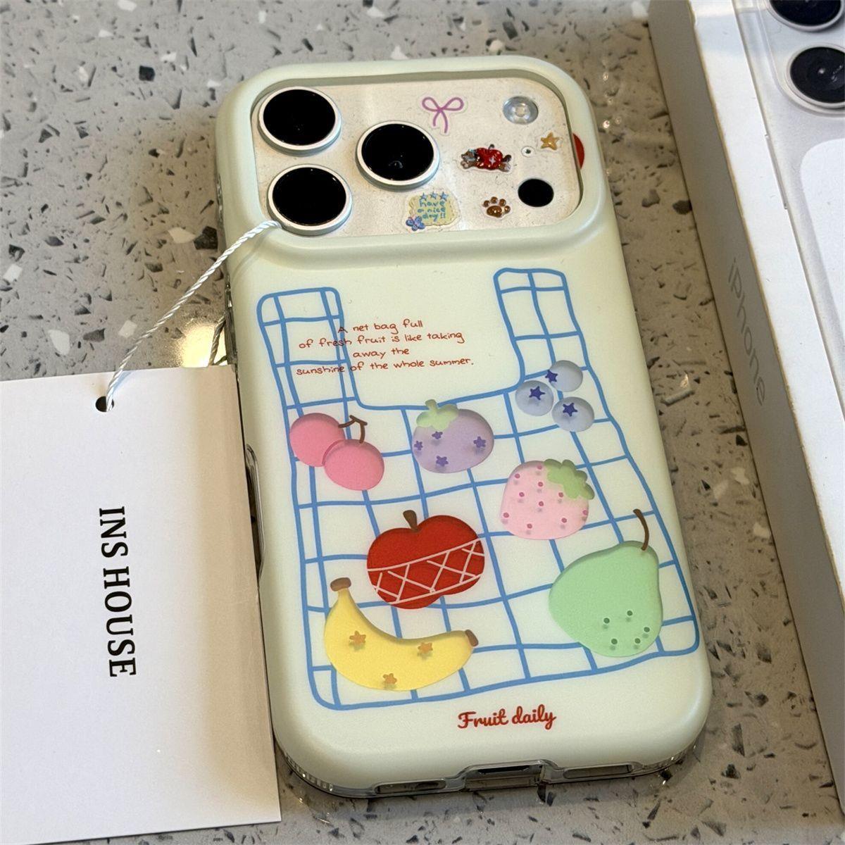 日韩简约蓝网格袋子水果适用于14promax苹果16手机壳全包边女款iPhone17防摔保护套16promax个性iPhone15小众