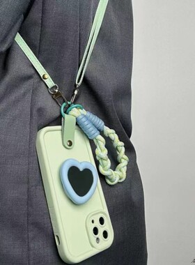 夏日清新蓝色爱心镜子支架适用于苹果16手机壳iPhone15/14/13promax新款12/11pro