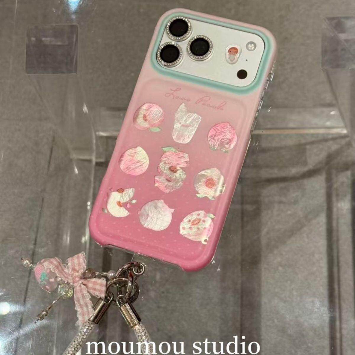 韩系粉色桃子饮品适用于苹果iPhone17promax保护套渐变色卡通图案手机壳16pro便捷女款15pro防摔壳套高颜值壳
