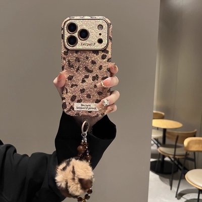 日韩亮片棕色豹纹适用于苹果17promax手机壳iPhone16promax新款小众14promax奢华15pro全包防摔iPhone17pro女