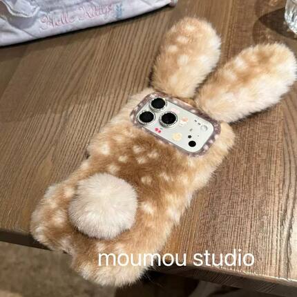 秋冬ins风棕白立体鹿毛绒耳朵毛绒适用苹果iphone17promax手机壳16pro少女心15pro防摔14保护套17pro新款13