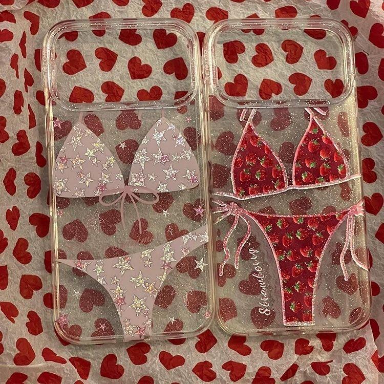 简约个性透明细闪比基尼草莓英文适用苹果iphone17promax手机壳16pro少女心15pro防摔14保护套17pro新款13