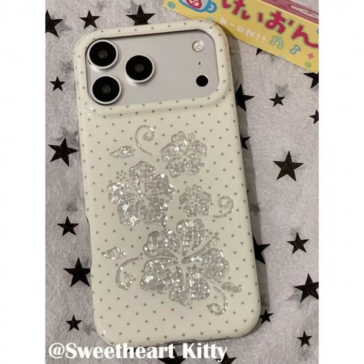 ins白色波点镭射闪钻扶桑花适用苹果17promax手机壳iphone16新款15pro新款14pm保护壳