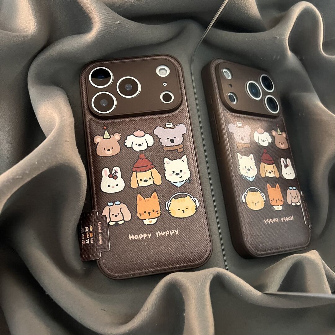 美拉德棕色九宫格小动物带折叠支架iPhone17/16手机壳适用苹果15/14promax皮质软壳13可爱卡通少女新款