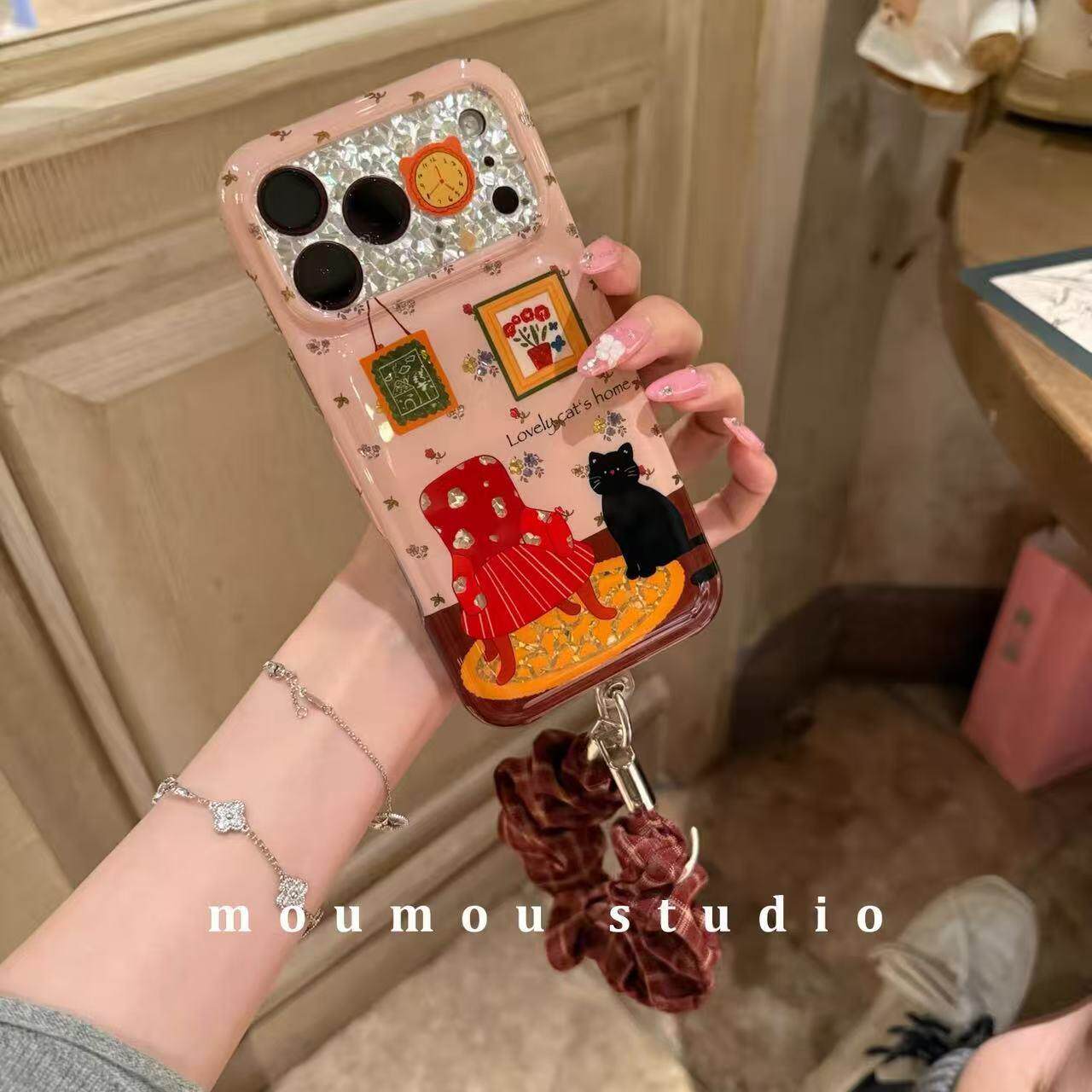 ins古早红色椅子黑猫插画适用iPhone18promax手机壳15新款17pro网红女款13创意全包防摔18pro超好看17保护套