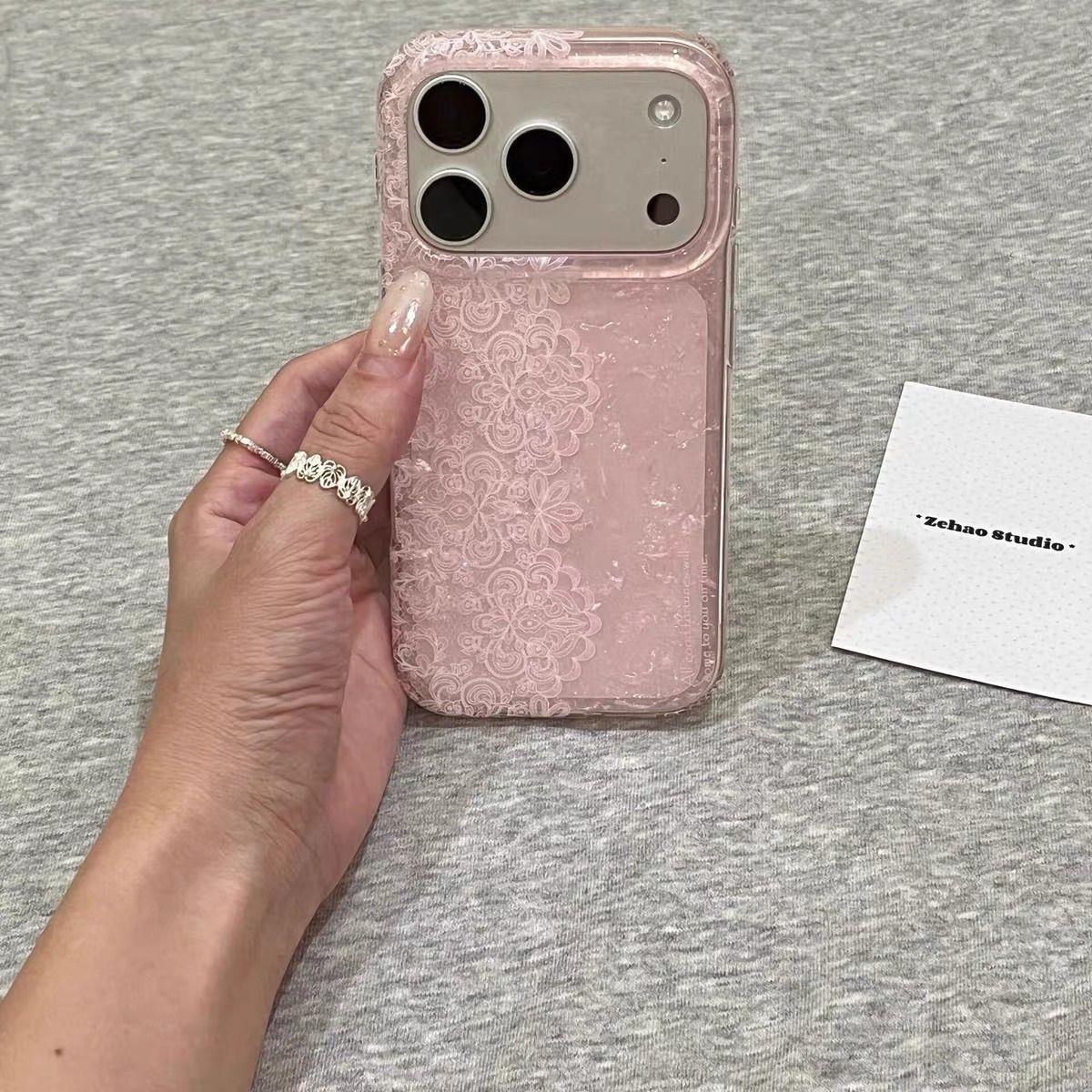 小众高级感粉贝壳纹拼接蕾丝适用于17promax苹果16手机壳全包边iPhone15防摔保护套16promax个性创意iPhone13