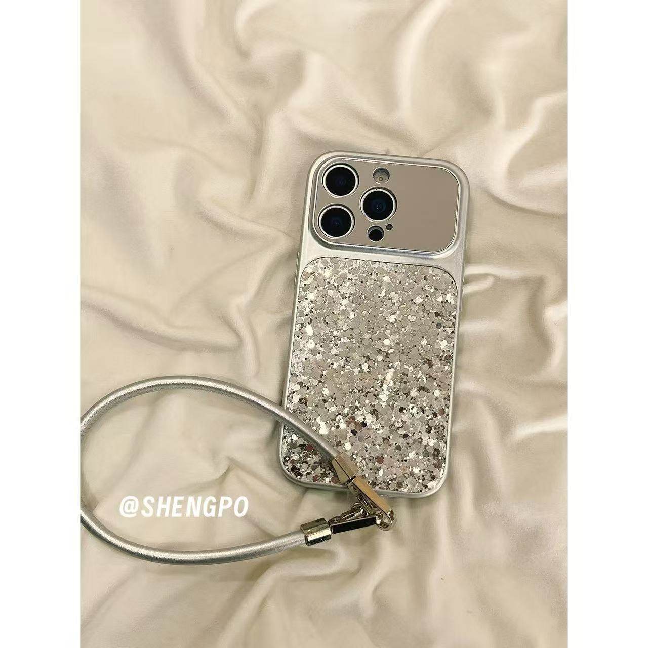 高级感银色闪粉亮片镜面大视窗手拎绳适用于iphone17promax苹果14手机壳15pro新款16promax女13全包,3C数码配件,手机保护套/壳,淘宝优惠券,粉丝福利购,淘宝优惠卷