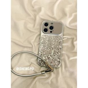 高级感银色闪粉亮片镜面大视窗手拎绳适用于iphone17promax苹果14手机壳15pro新款16promax女13全包
