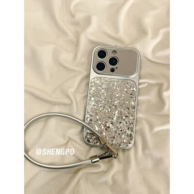 高级感银色闪粉亮片镜面大视窗手拎绳适用于iphone17promax苹果14手机壳15pro新款16promax女13全包