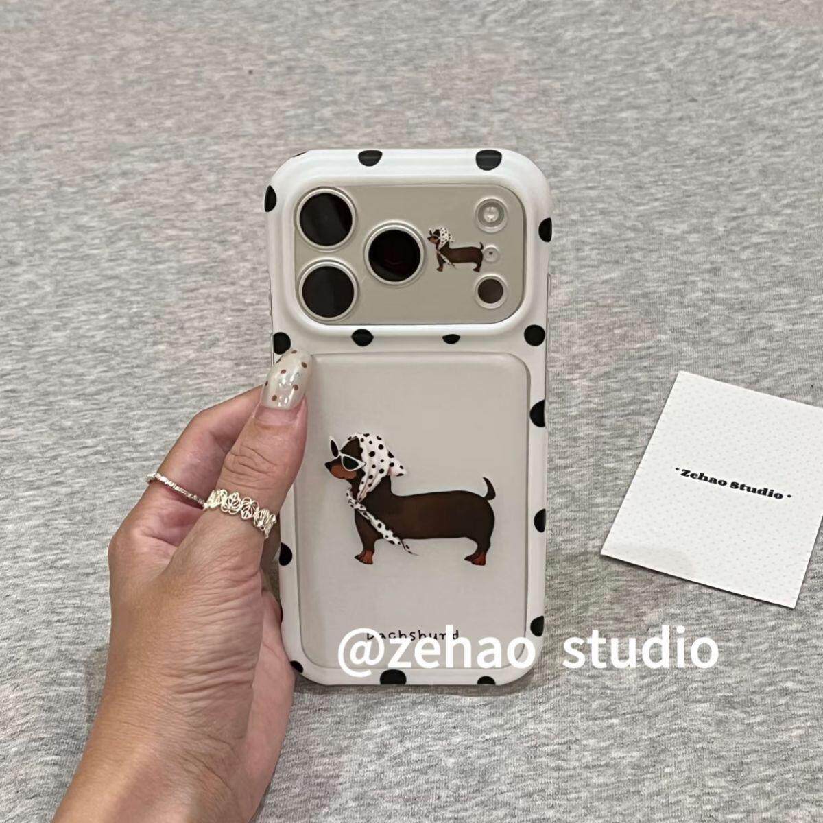 可爱头巾波点腊肠狗适用苹果18pro双层iphone17透明磨砂手机壳16日韩卡通ins个性创意15防摔保护套