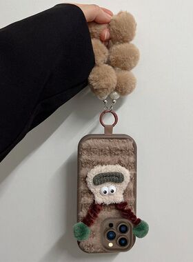 小怪兽毛绒格纹适用于苹果17/16promax手机壳iPhone151413带链条防摔全包
