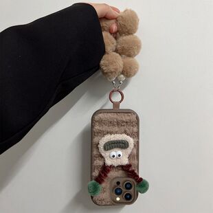 小怪兽毛绒格纹适用于苹果17 16promax手机壳iPhone151413带链条防摔全包