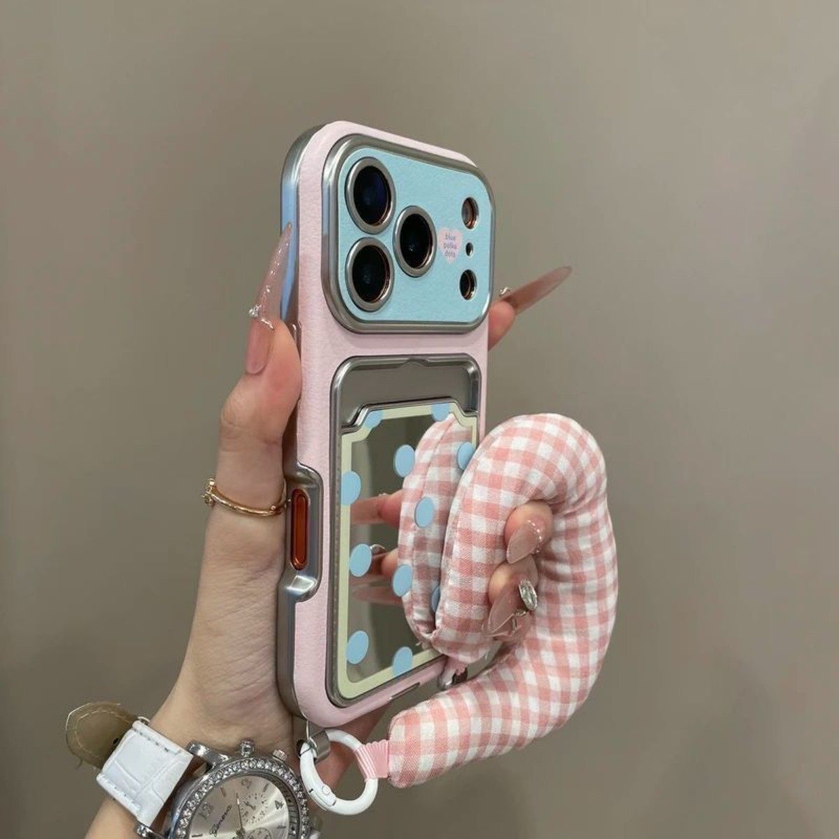 镜面波点可爱小熊支架ins15适用17pro苹果17ProMax手机壳iPhone14全包17新16Promax保护套13软手提