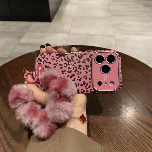 玫红豹纹大视窗适用于苹果17promax手机壳iPhone16promax高档皮质15pro秋冬款14promax韩系13pro全包16保护套