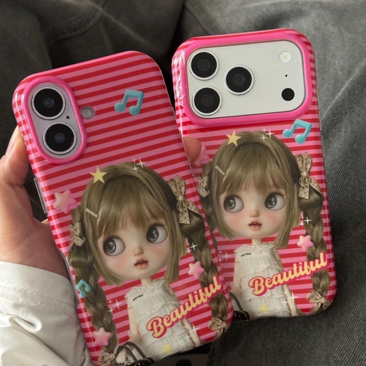 可爱玫粉条纹音符女孩适用苹果17promax手机壳iphone17新款16保护套15女款16pro全包防摔17Pro亚克力