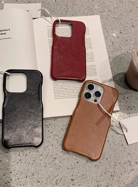 原创韩国ins风商务秋冬杏棕系单色皮纹适用苹果16ProMax手机硬壳14半包iPhone13/12pro·7p8p简约15