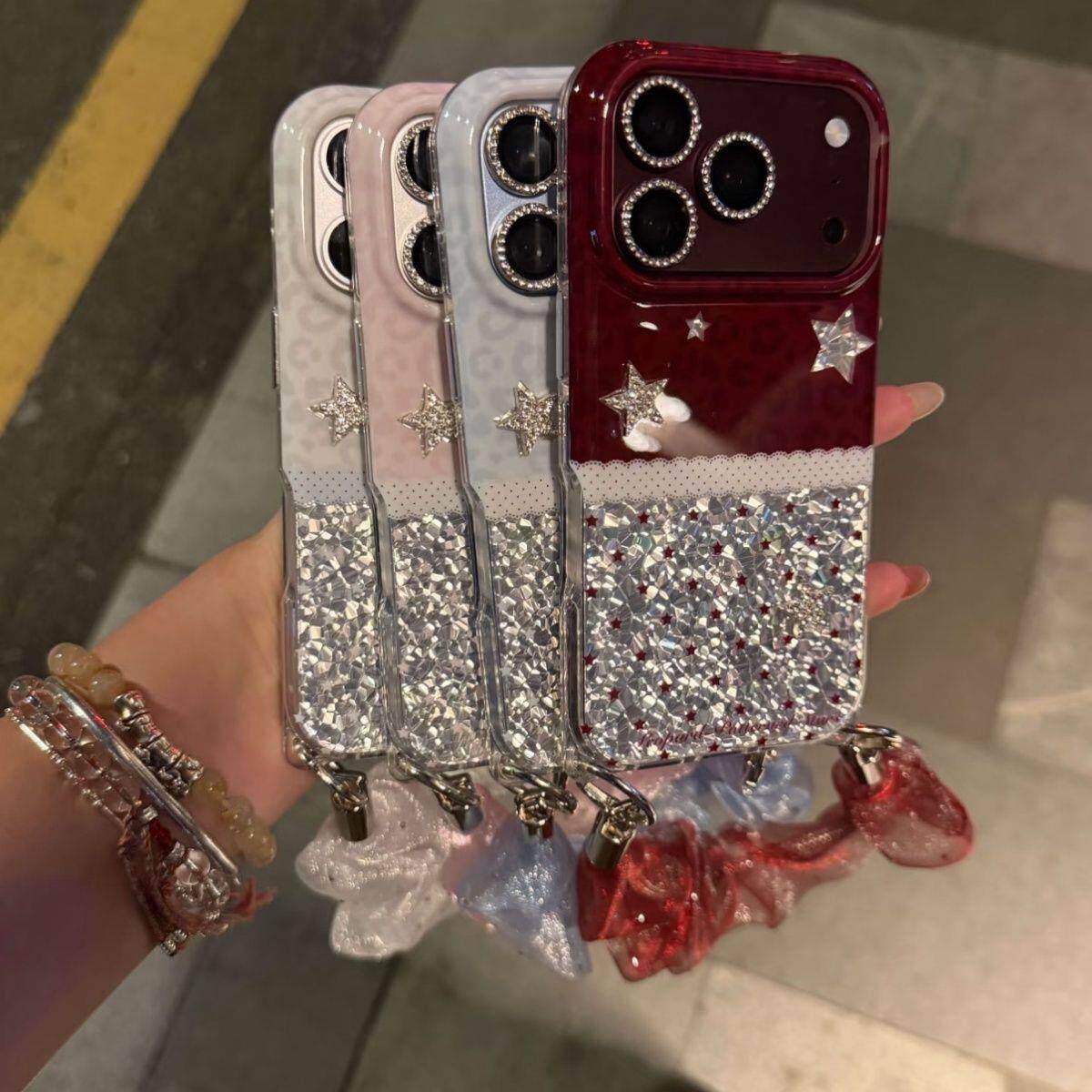 ins风甜酷冰川蓝樱桃红豹纹蕾丝闪钻波点适用18ProMax手机壳iphone苹果手机壳17pro少女心手机壳16pro双层imd