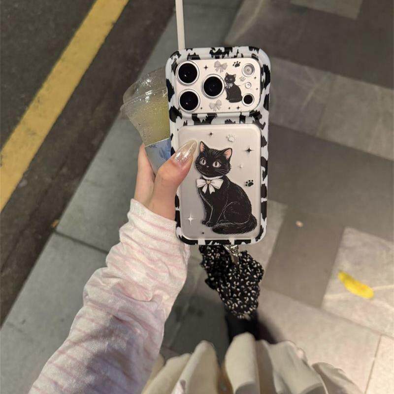 磨砂银蝴蝶结铃铛黑猫适用于苹果18Pro手机壳16女15卡通17pro防摔