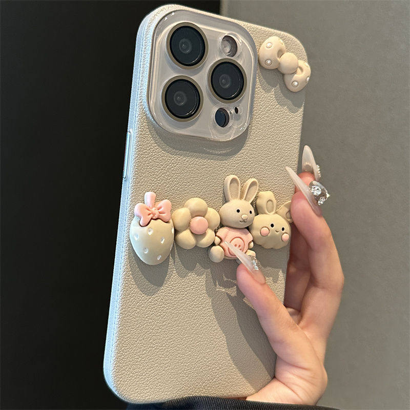 荔枝纹立体草莓兔子适用苹果15promax手机壳苹果15新款iphone15高级13套14防摔12硅胶14ProMax女13全包11小众