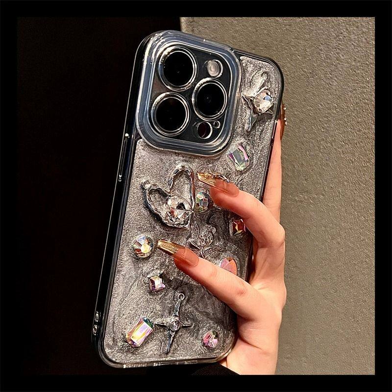 银灰底彩色宝石苹果15手机壳苹果14新款iphone15promax高级感苹果13套12防摔ProMax全包Pro女PM硅胶小众适用