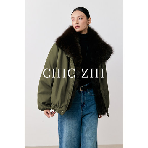 CHIC ZHI25冬季 可拆卸狐狸毛领皮草+保暖90白鸭绒宽松派克羽绒服