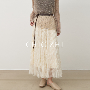 CHIC ZHI 2025秋季新款波浪卷女士压褶松紧腰半身裙氛围感网纱裙