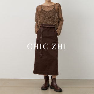 后开叉直筒一步裙子 高腰中长款 CHIC ZHI咖色复古牛仔半身裙女秋季