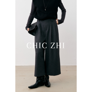 女秋冬小个子休闲宽松八分直筒裤 CHIC ZHI黑色显瘦高腰羊毛阔腿裤