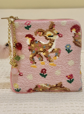 FL粉鹿毛巾多功能收纳包绿色小鹿化妆包零钱包卫生棉包