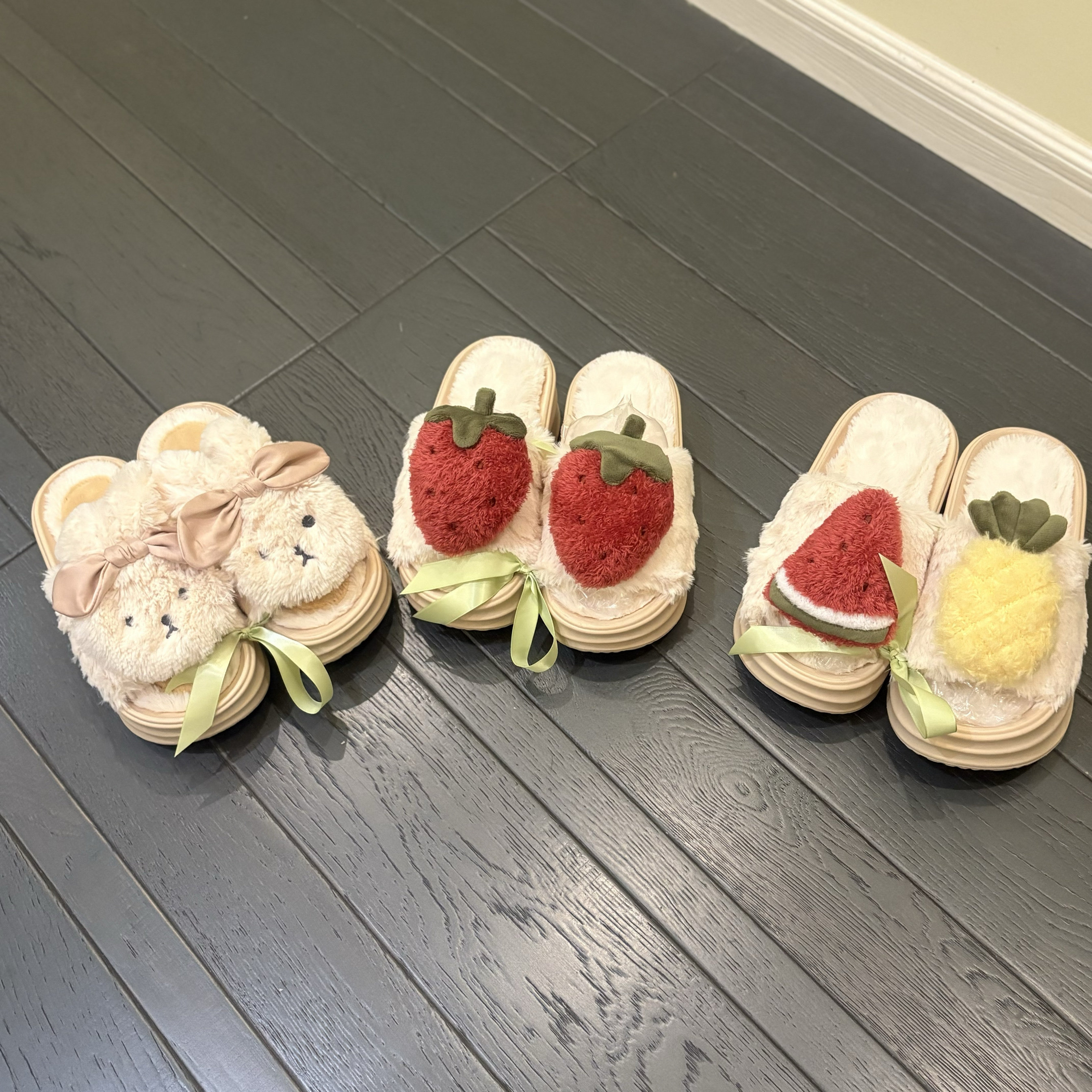 日系兔子草莓毛绒家居鞋西瓜菠萝卡通厚底拖鞋,女鞋,一字拖,淘宝优惠券,粉丝福利购,淘宝优惠卷