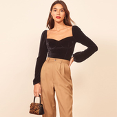 设计感长袖 小衫 修身 reformation复古黑色丝绒方领打底衫 上衣衬衫