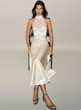 Ref法式高端缎面醋酸晚礼服裙优雅风挂脖无袖连衣裙收腰显瘦长裙